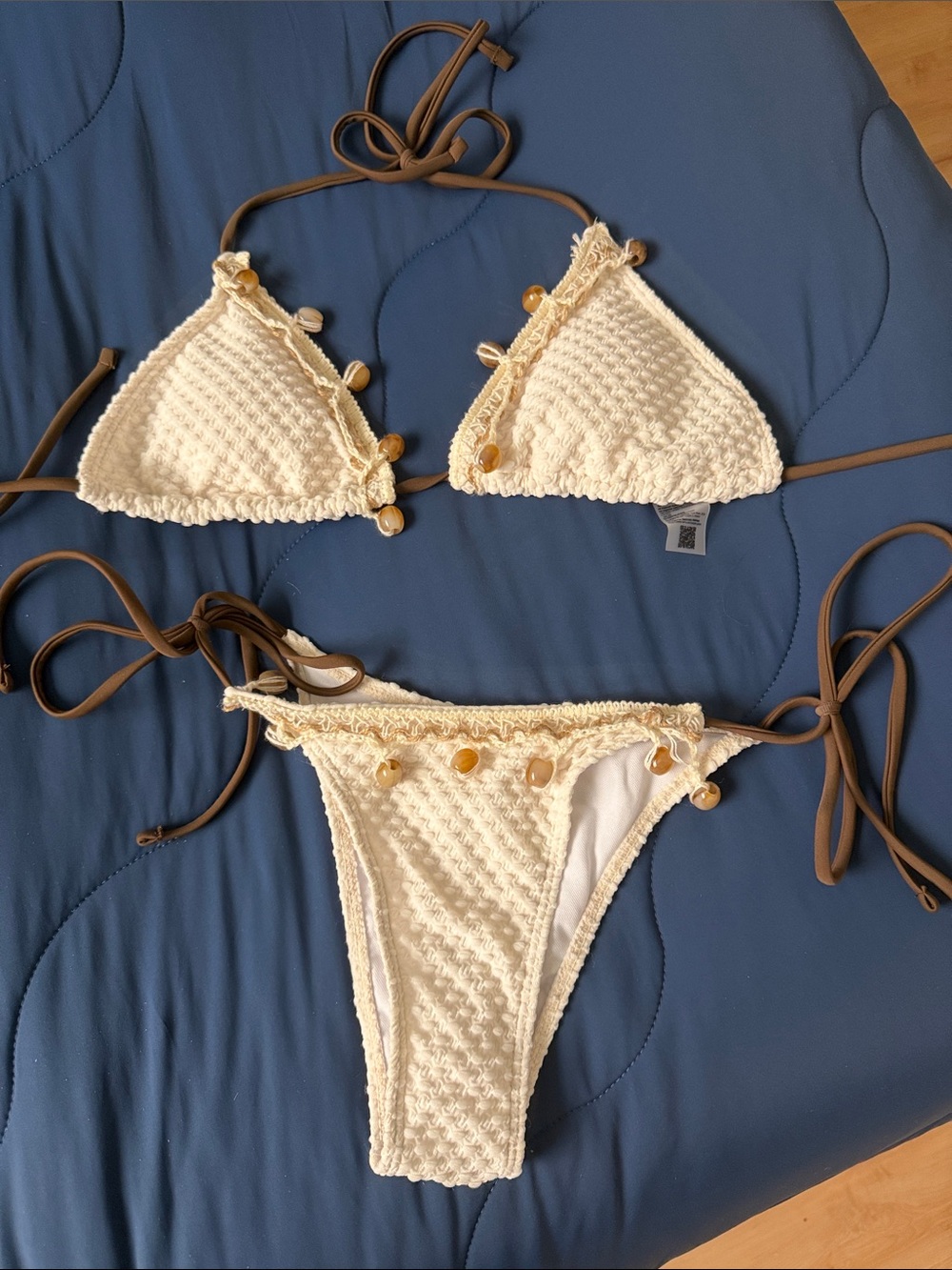 Cream Crochet Tie-Side Bikini Set with Amber Bead Accents